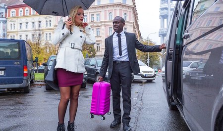 Un chauffeur de taxi noir de Houston baise une belle cliente blonde dans le cul