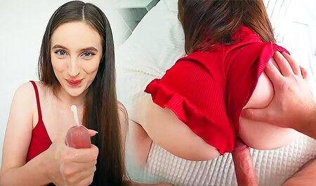 Сводная сестра в красных шортах получает внушительную порцию спермы...